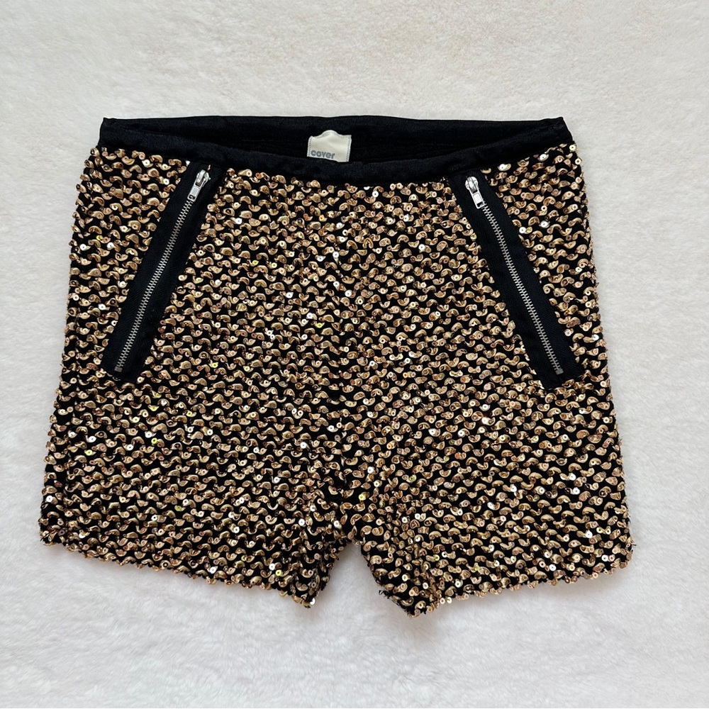 Cover Stitched Gold Sequin Short Shorts Zipper Pockets Size Large